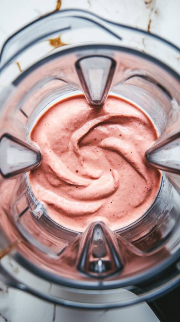 creamy pink strawberry oatmeal smoothie swirling smoothly in a blender, showing a thick texture
