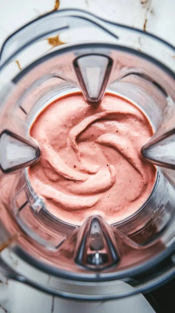 creamy pink strawberry oatmeal smoothie swirling smoothly in a blender, showing a thick texture