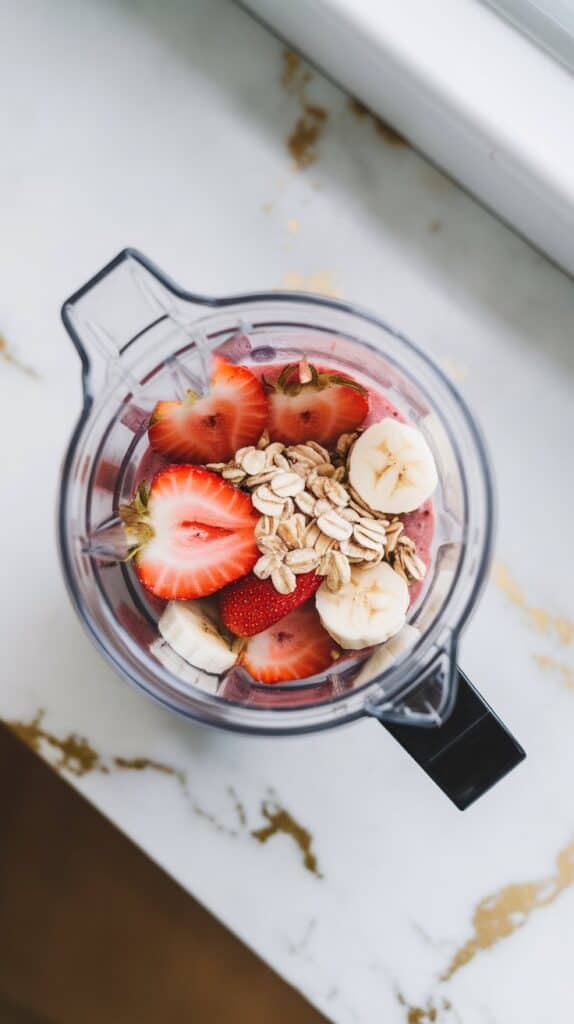 sliced strawberries, banana pieces, and rolled oats inside a blender cup, layered and ready to blend
