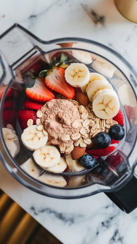 vanilla protein powder and vanilla extract resting on top of the fruit and oats inside the blender.