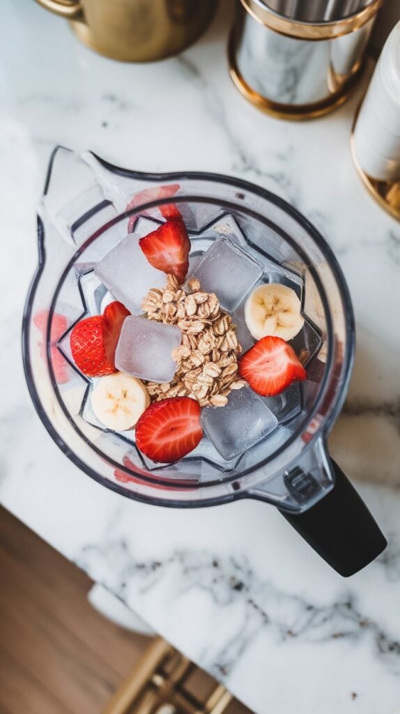 4–5 clear ice cubes placed on top of the ingredients in the blender just before blending