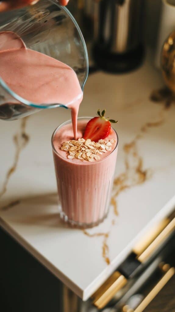 strawberry protein shake being poured into a tall glass, topped with oat flakes and a strawberry slice