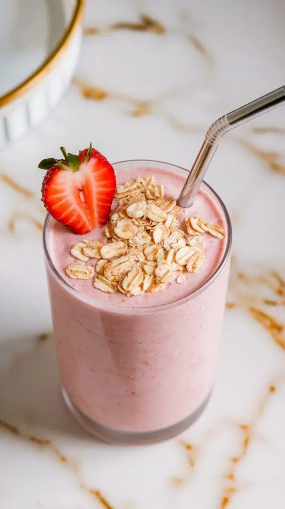 thick strawberry oatmeal protein shake in a tall clear glass, topped with oat flakes and a fresh strawberry slice, with a straw placed at an angle.