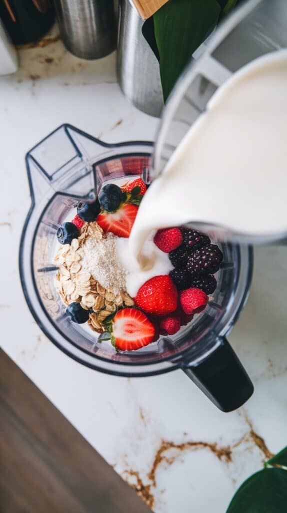 creamy milk being poured into the blender over fruit, oats, and powder