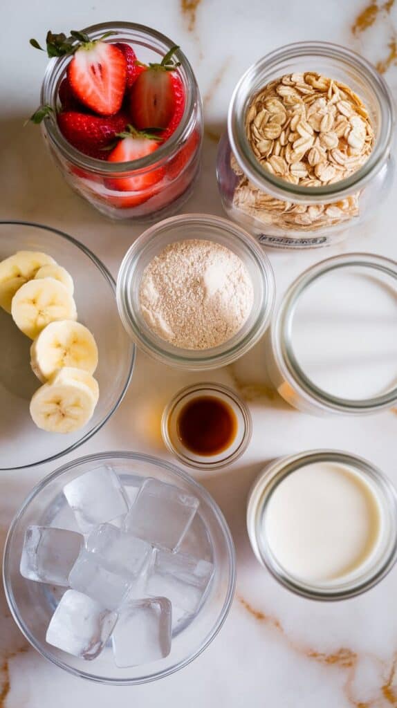 ingredients for strawberry oatmeal protein shake: sliced strawberries in a clear glass jar, rolled oats in a second clear glass jar, vanilla protein powder on a small clear plate, milk in a third clear glass jar, banana slices on a small clear plate, vanilla extract on a tiny clear plate, and clear ice cubes in a shallow clear dish