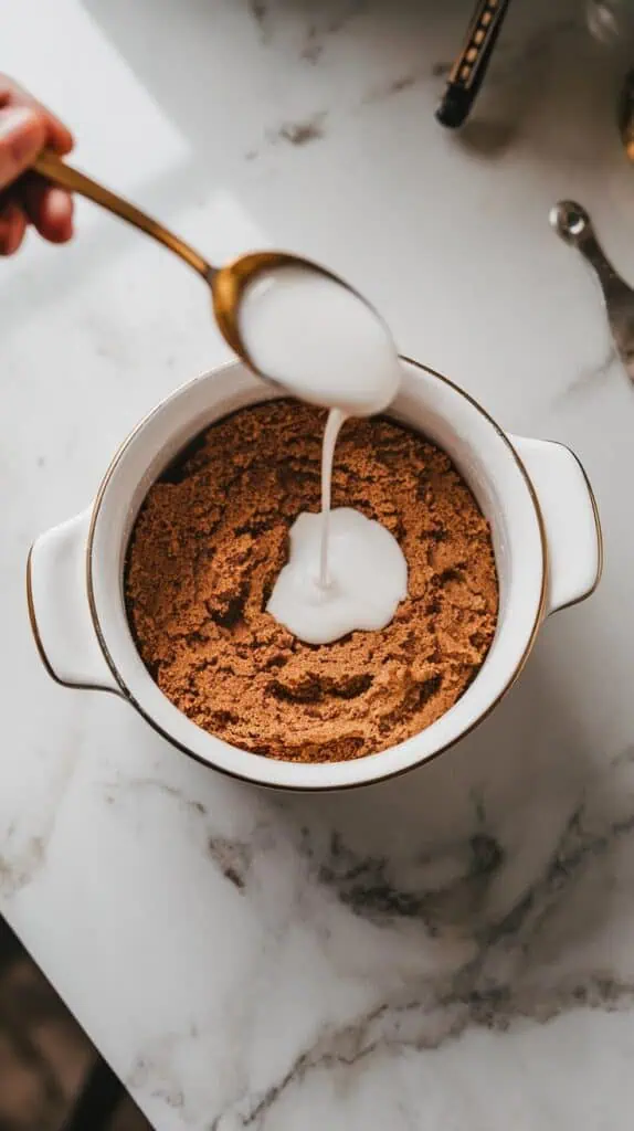 a spoon drizzling a small splash of milk into the dough mixture to adjust the texture