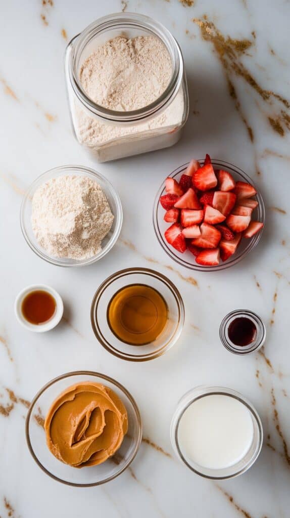 ingredients for strawberry shortcake protein balls: almond flour in a clear glass jar, vanilla protein powder in a small clear plate, finely chopped freeze-dried strawberries on a small white plate, maple syrup on a second small white plate, almond butter on a shallow clear dish, vanilla extract on a tiny clear plate, and milk in a small clear glass jar