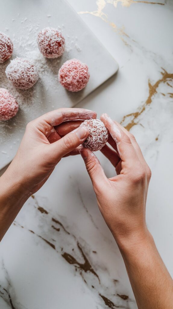  hands rolling a protein ball, with a few already shaped and coated in coconut and strawberry crumbs on the side