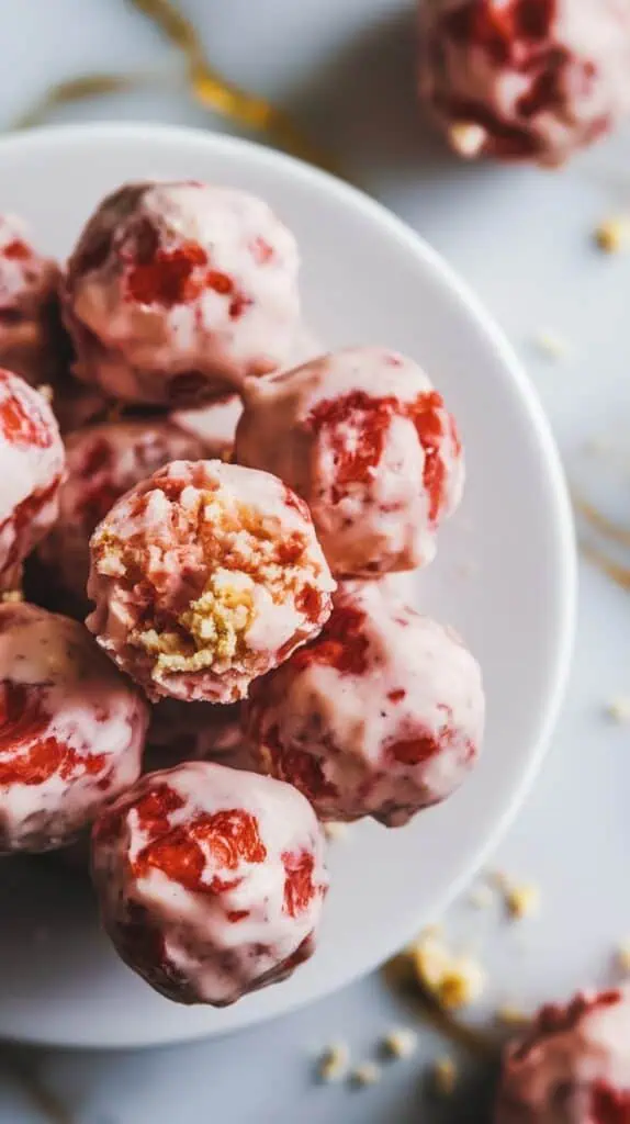 strawberry shortcake protein balls arranged on a small white plate, with bits of dried strawberry and vanilla protein powder visible in the dough, a few strawberry slices nearby

