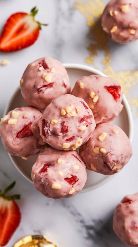 rolled protein balls resting on a white plate, a few crumbs scattered nearby, ready to chill