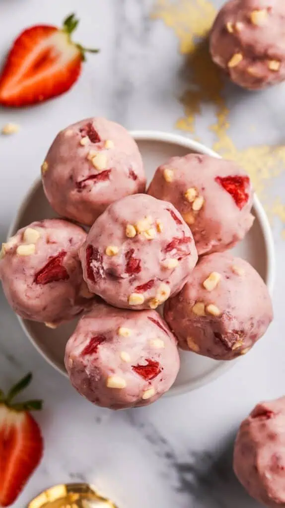 rolled protein balls resting on a white plate, a few crumbs scattered nearby, ready to chill