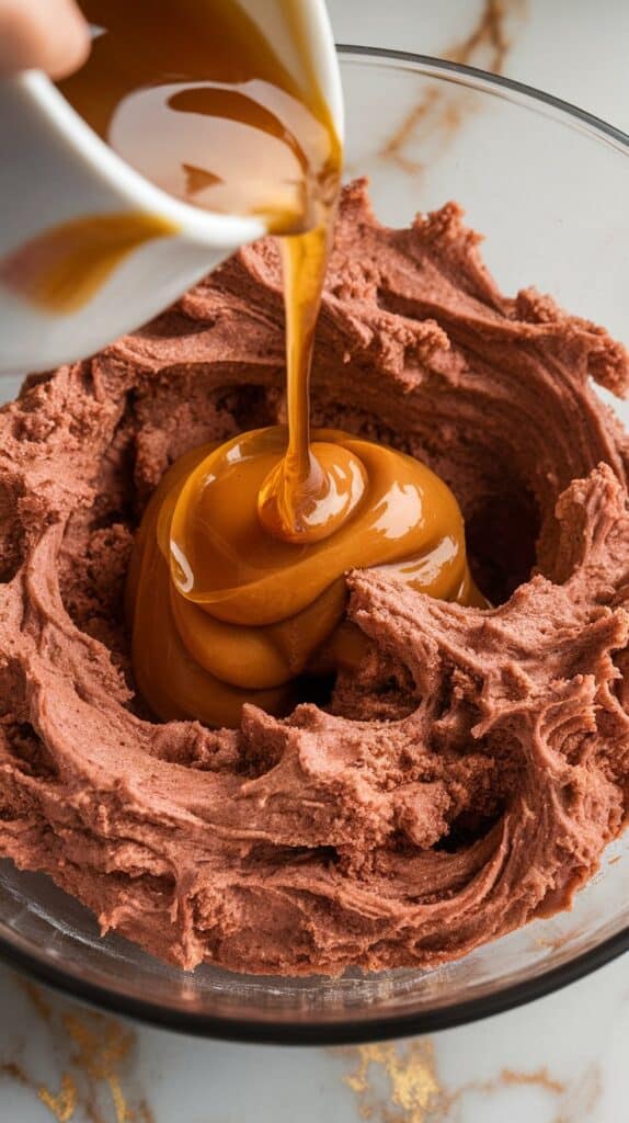 almond butter, maple syrup, and vanilla being stirred into the dry mixture, forming a soft pink-speckled dough