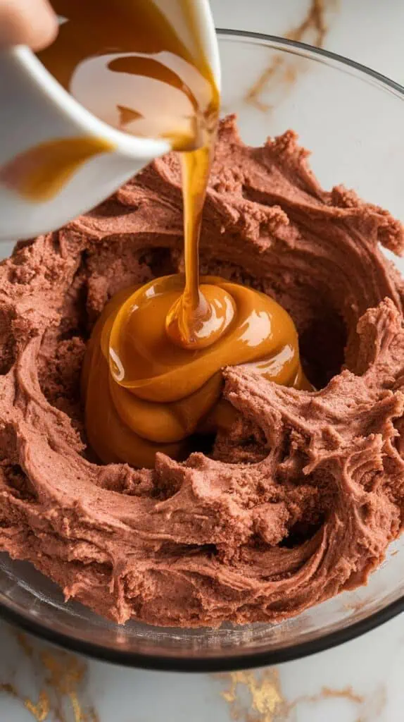 almond butter, maple syrup, and vanilla being stirred into the dry mixture, forming a soft pink-speckled dough