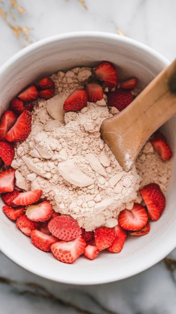 almond flour, protein powder, and freeze-dried strawberries being mixed in a white bowl, the berries adding pops of pink