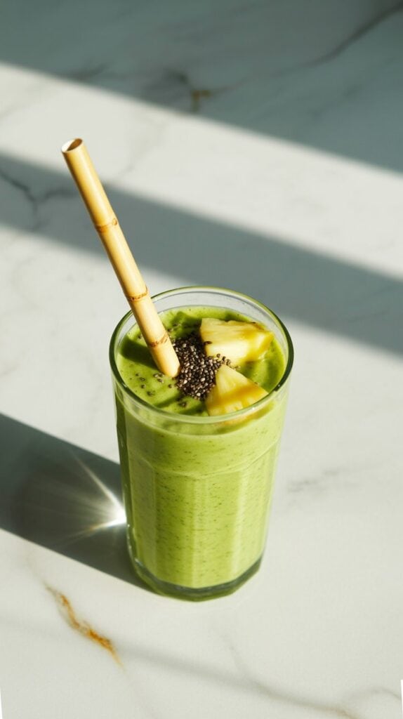 a tall glass filled with bright green tropical protein smoothie, topped with pineapple chunks and chia seeds, with a bamboo straw resting in the smoothie.