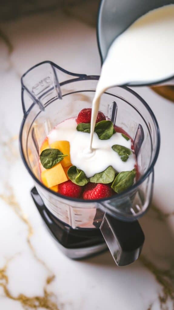 milk being poured over the fruit and spinach in the blender, with a few drops of vanilla extract added