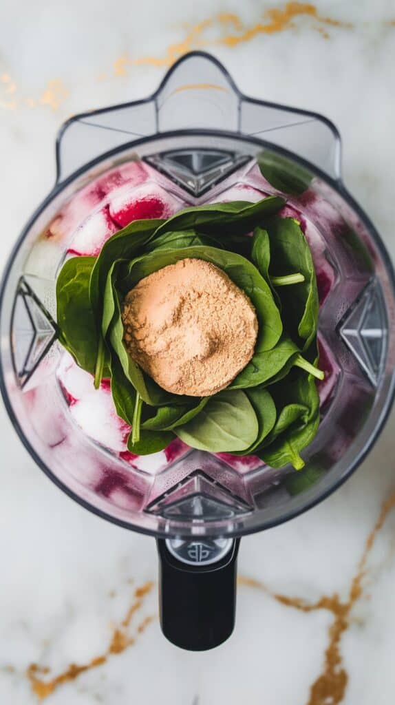 fresh spinach leaves and a scoop of vanilla protein powder resting on top of the frozen fruit in the blender