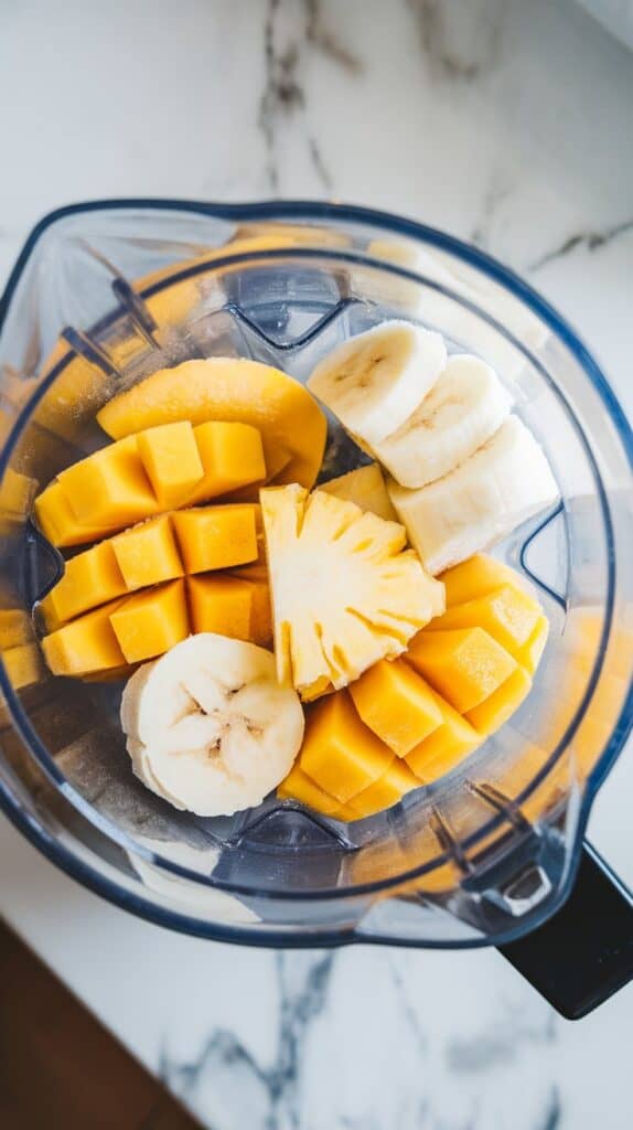  frozen mango, frozen pineapple, and banana slices being dropped into a blender cup