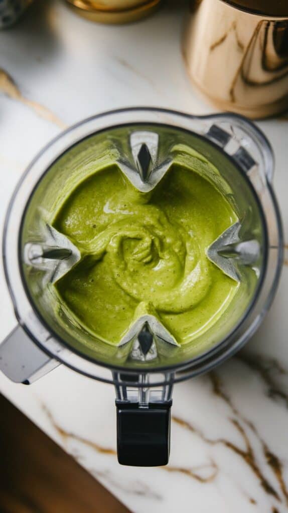  vibrant green smoothie swirling in the blender, thick and smooth with no chunks visible