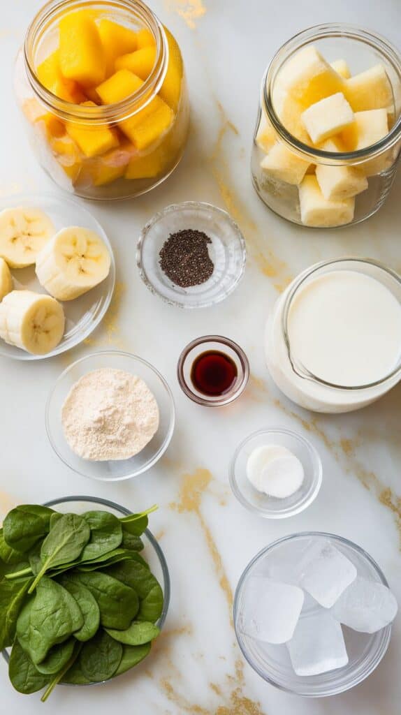  ingredients for tropical green protein smoothie: frozen mango chunks in a clear glass jar, frozen pineapple chunks in a second clear glass jar, banana slices on a small clear plate, fresh spinach leaves on a small white plate, vanilla protein powder on a small clear plate, milk in a clear glass jar, chia seeds in a tiny clear dish, vanilla extract on a small clear plate, and clear ice cubes in a shallow clear dish.
