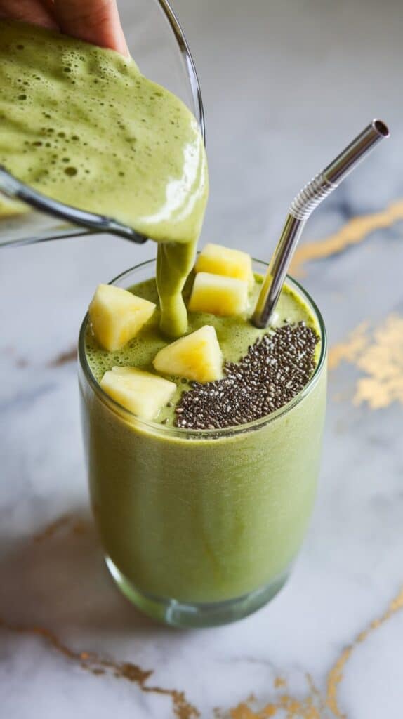 green smoothie being poured into a tall glass, topped with pineapple pieces and a sprinkle of chia seeds, with a straw placed in the center