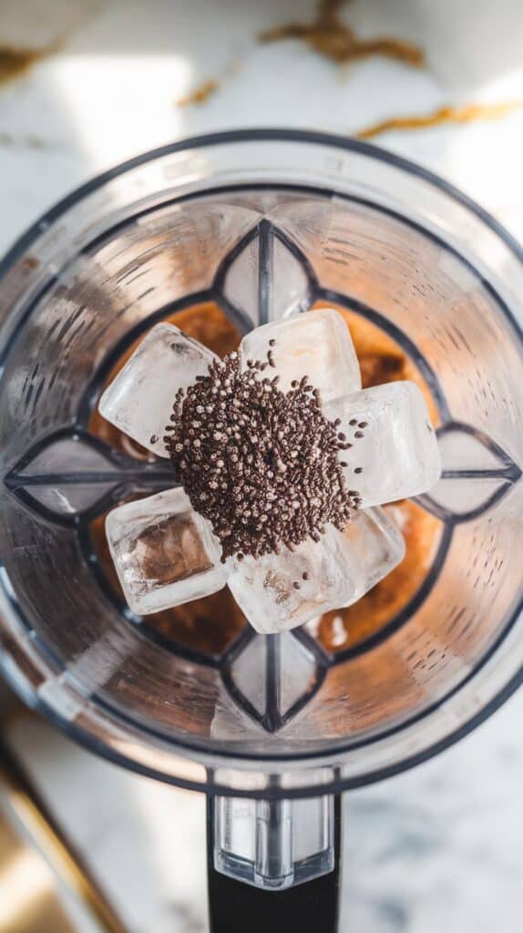clear ice cubes and chia seeds being added to the blender, sitting on top of the other ingredients