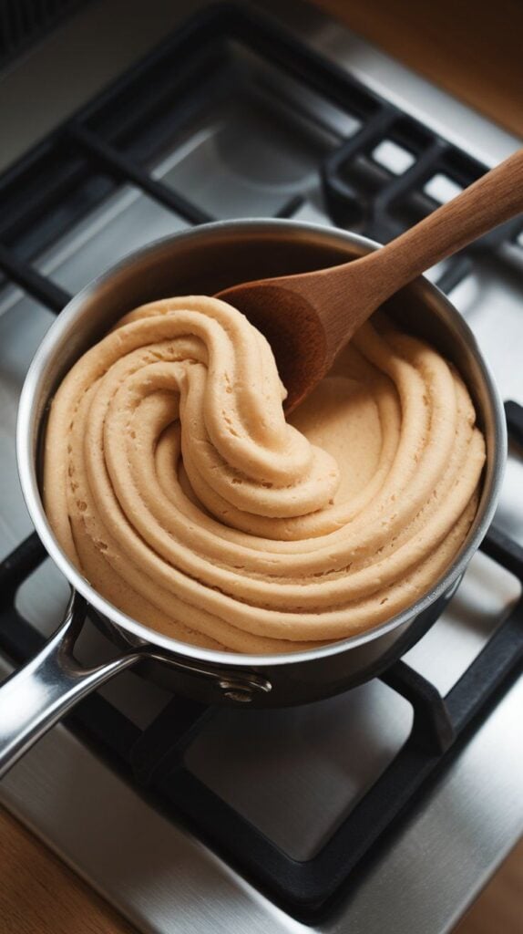  thick choux dough pulling away cleanly from sides of saucepan with a wooden spoon, buttery and smooth