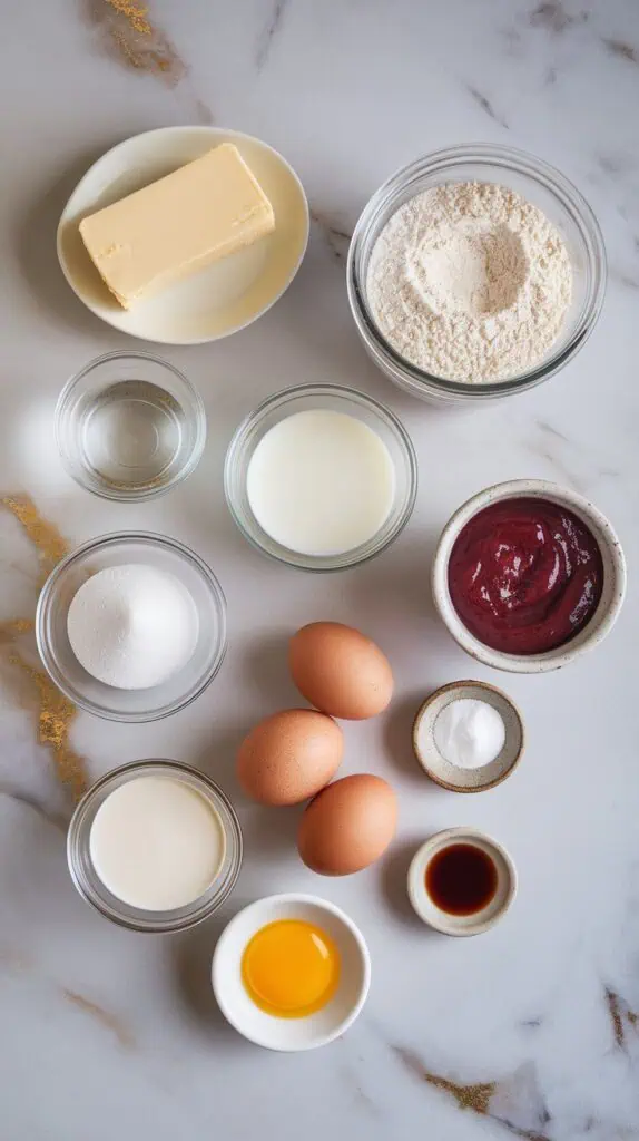 ingredients for ube cream puffs on white marble counters with hints of gold