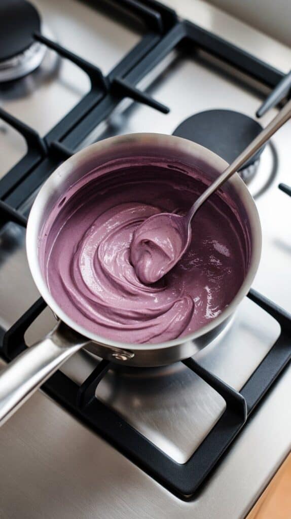 thickened ube cream in a saucepan, deep purple color and glossy texture as a spoon stirs it
