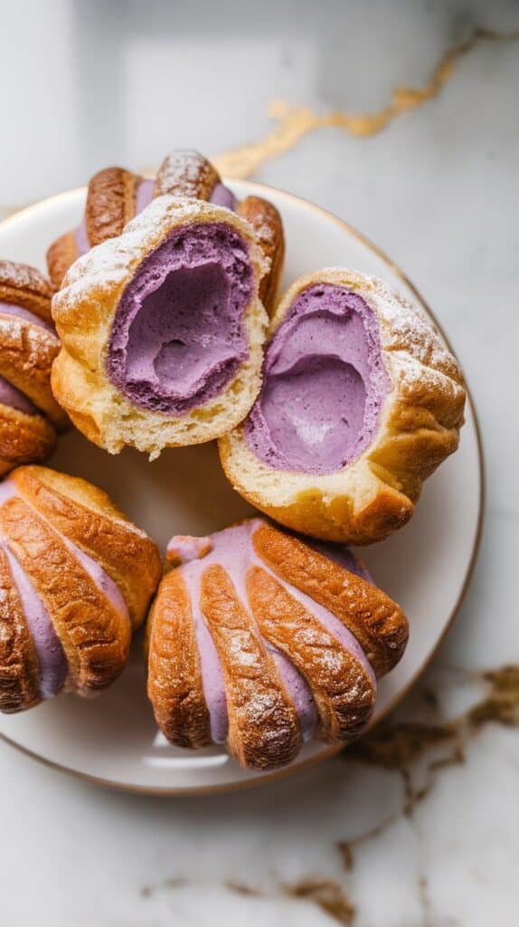 ube cream puffs arranged on a white plate, one cut open to show vibrant purple filling inside a golden, crispy shell