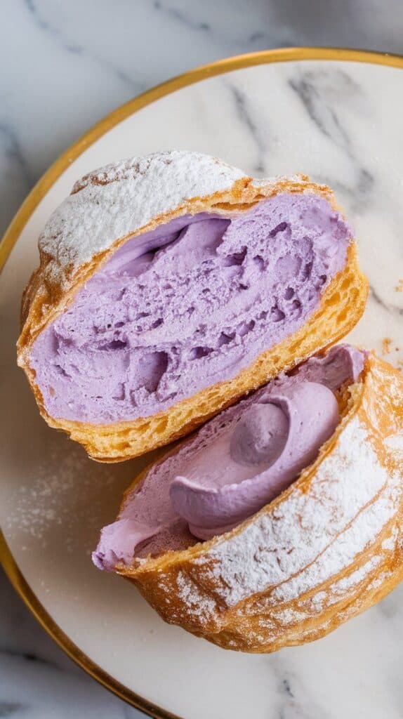 cream puff topped with powdered sugar, one puff sliced open to show rich ube filling inside