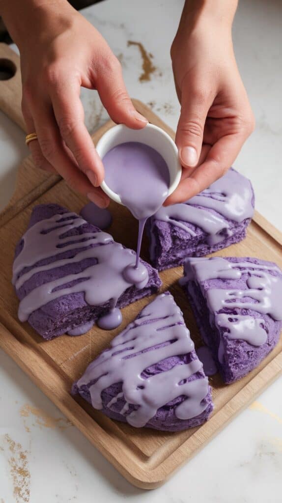 golden scones being drizzled with vibrant ube glaze from a spoon