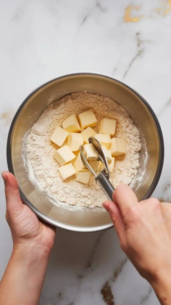 coarse crumb mixture with visible butter pieces worked into dry ingredients using fingertips.