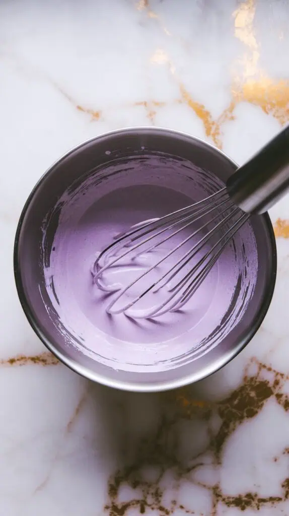 purple-tinged dough being gently folded with ube halaya, heavy cream, and vanilla just barely combine