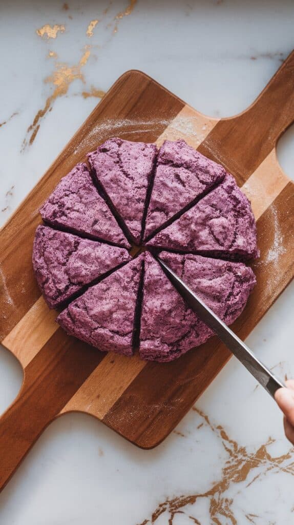 soft lavender dough shaped into a round, with a knife cutting clean triangle wedges