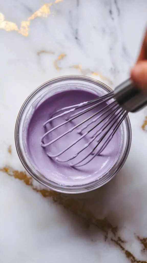 thick, lavender-colored glaze being whisked until smooth in a small bowl