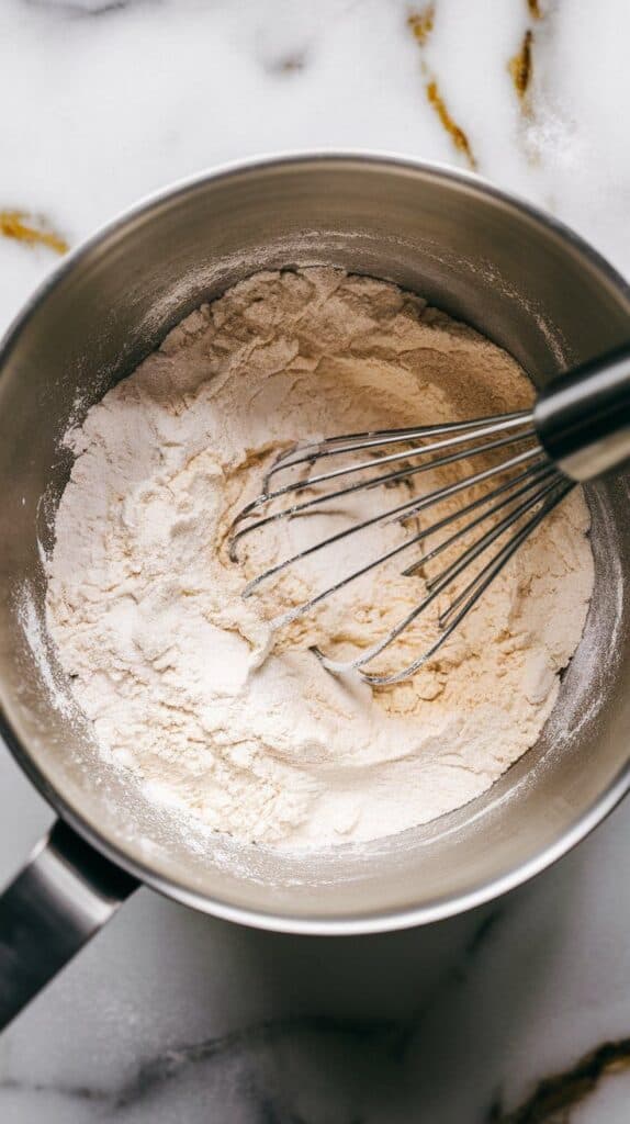  a mixing bowl with flour, baking powder, salt, and sugar whisked together into a fluffy white mix.