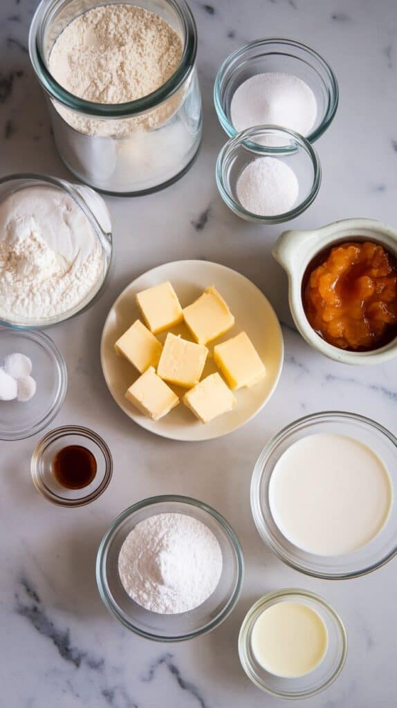 ingredients for ube scones with ube glaze on white marble counters with hints of gold