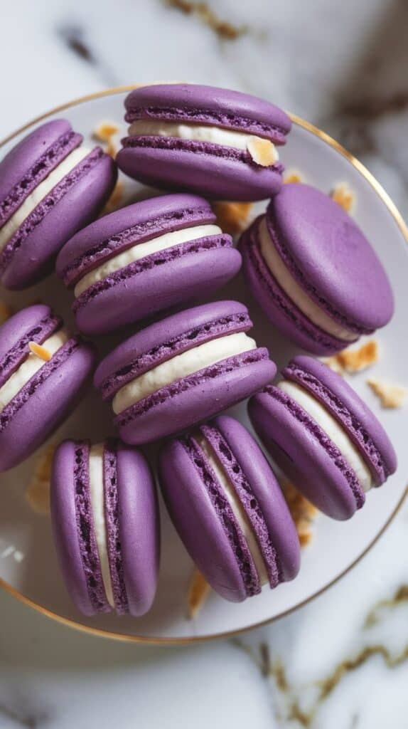 Ube Macarons with Toasted Coconut Ganache