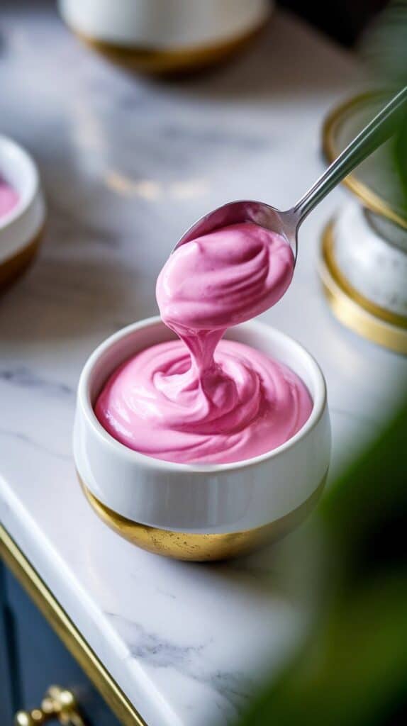blended pink yogurt mixture in a blender cup, with visible swirls from the beet, berries, and yogurt fully combined, thick and creamy in texture