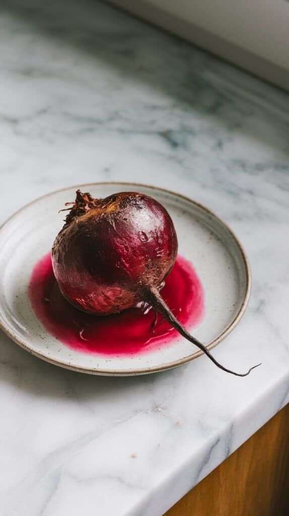 a whole roasted beet on a small plate, skin peeled and slightly glossy, with natural juices around it