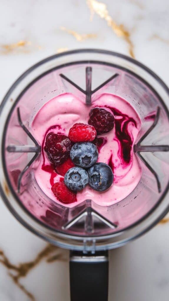 vibrant pink yogurt being spooned and swirled into a white ceramic bowl, smooth surface with textured lines from the spoon