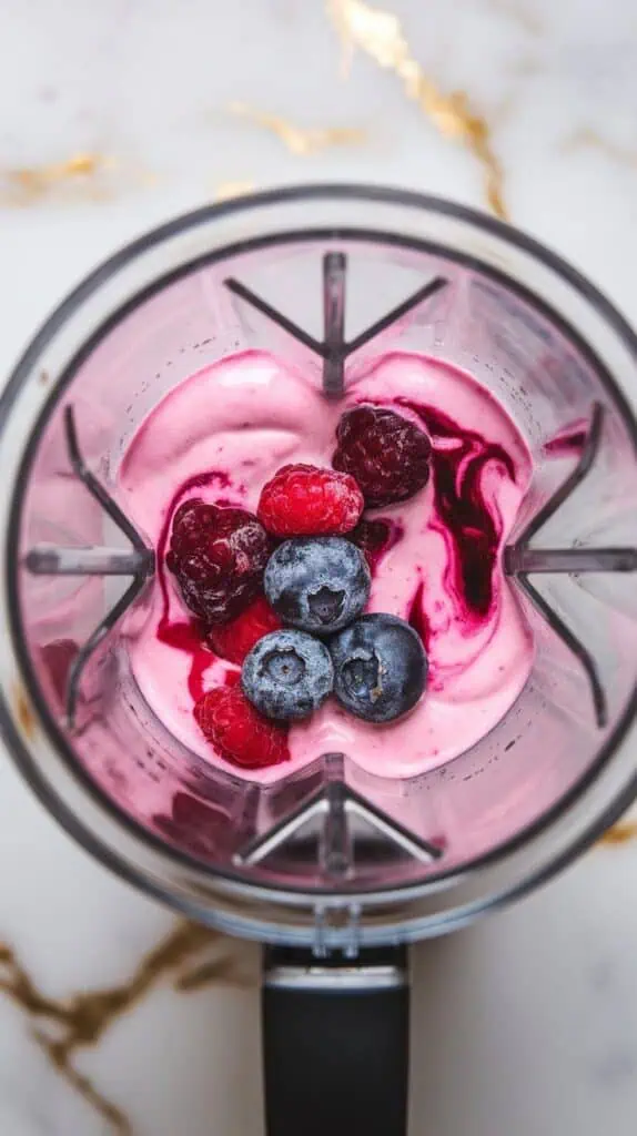 vibrant pink yogurt being spooned and swirled into a white ceramic bowl, smooth surface with textured lines from the spoon