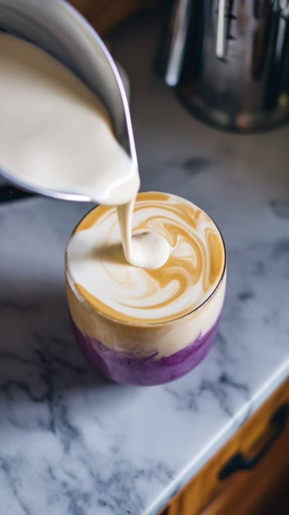 creamy white sweet cream being poured into the drink, swirling through the purple and golden layers
