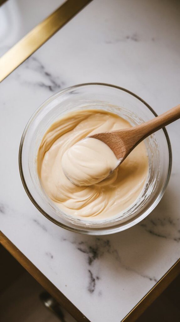 heavy cream and sweetened condensed milk being stirred together in a clear glass bowl, creating a thick, smooth mixture with a glossy texture