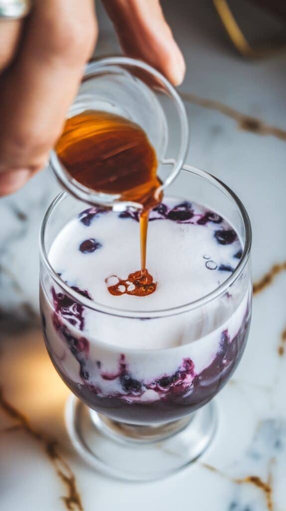 almond extract being poured from a tiny glass dish into the fizzy drink, with small ripples forming where it lands