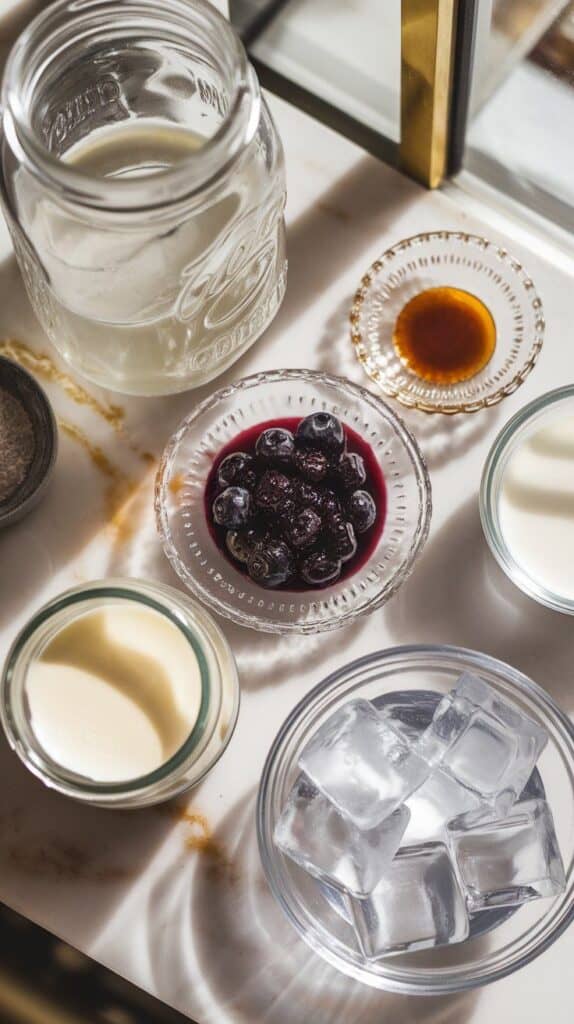 all ingredients for blueberry muffin dirty soda: cold cream soda in a clear glass jar with condensation, thick blueberry syrup in a small glass dish, almond extract in a shallow round plate, heavy cream in a small clear jar, sweetened condensed milk in a glass plate, and clear ice cubes spilling from a bowl