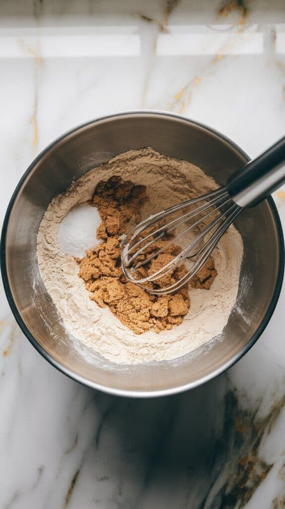 flour, brown sugar, salt, and baking powder being whisked together in a large mixing bowl, dry and crumbly with brown sugar clumps 