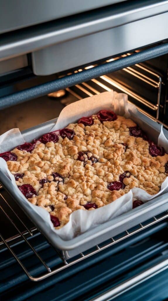 cherry crumble bars baking on the center rack of a modern stainless steel double oven, top golden and cherry juices bubbling at the edges