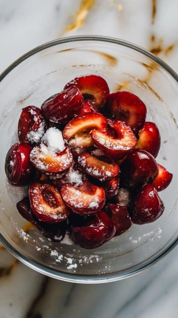 pitted, halved cherries being tossed with sugar, cornstarch, lemon juice, and vanilla in a glass bowl, glossy and coated evenly